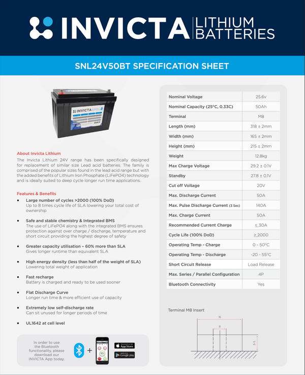 Invicta Lithium 24V50AH with Bluetooth