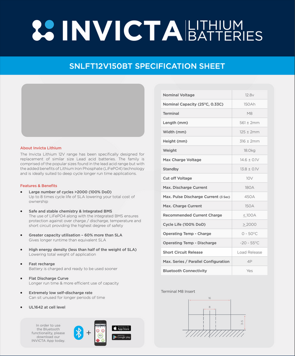 Invicta Lithium Front Terminal 12V150AH BLUETOOTH