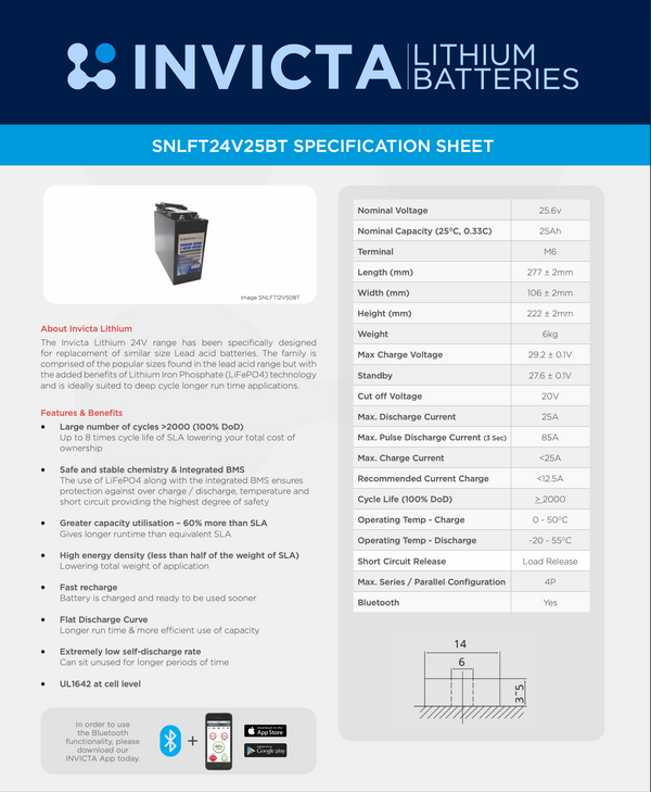 Invicta Lithium Front Terminal 24V25AH BLUETOOTH