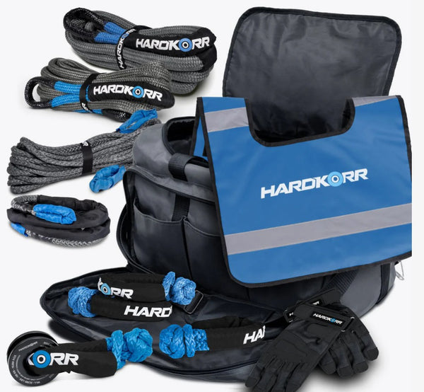 HARDKORR RECOVERY KIT - LARGE                 3M Kinetic Rope, 10M Kinetic Rope, 20M Winch Extension Rope, 3M Utility Rope, 3x Soft Shackles, Recovery Ring Kit, Rope Dampener, Work Gloves.